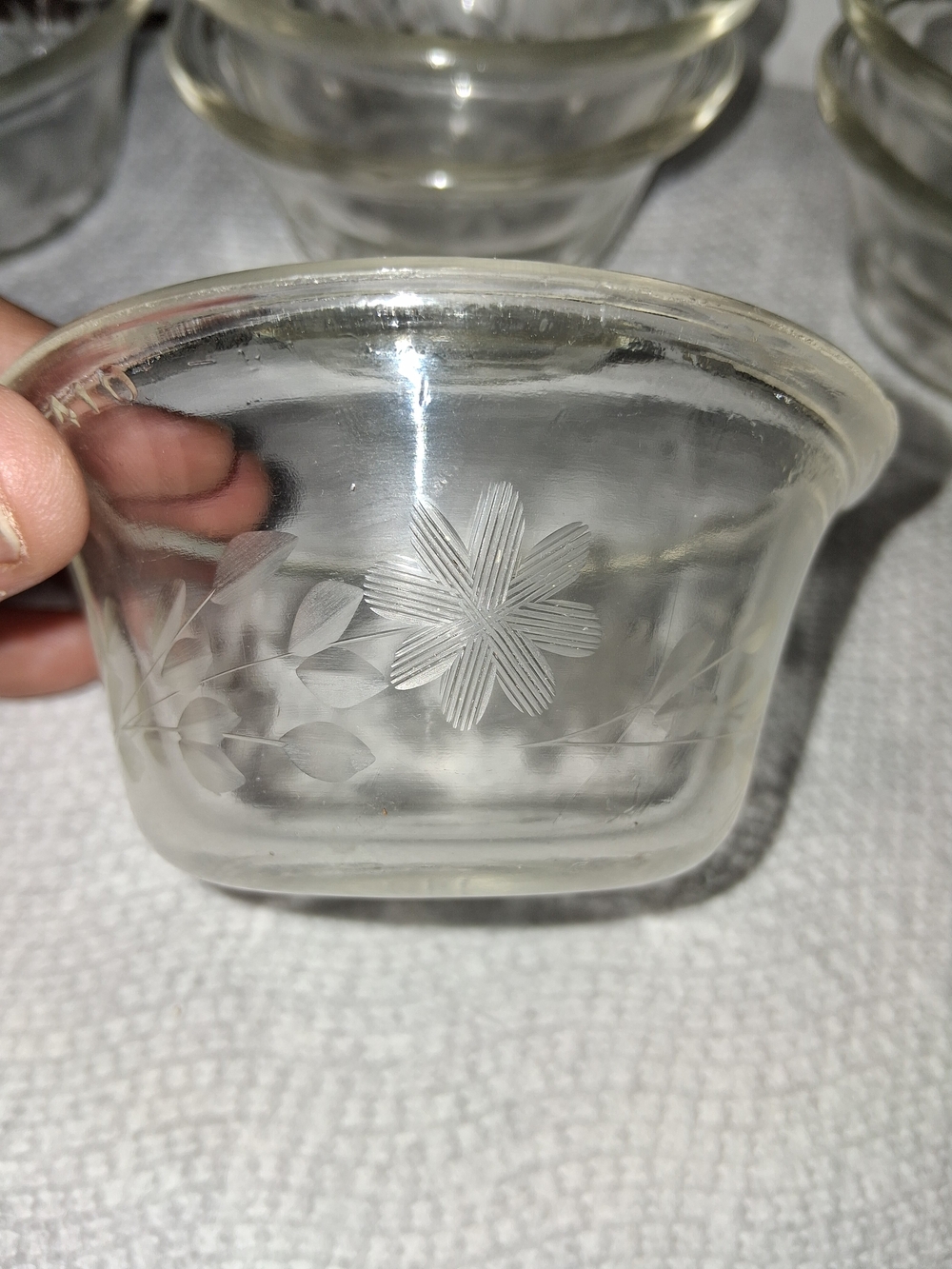 1920s Etched Pyrex Clear Glass Custard Cup with Floral Motif